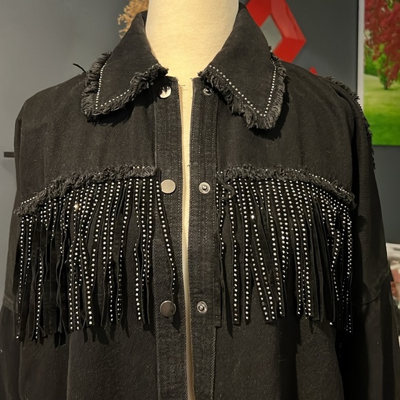 Zara black denim fringe rhinestone jacket size XS - Picture 4 of 12